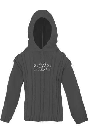887-Cable Knit Hooded Zip Back Grey Baby Boy Sweater