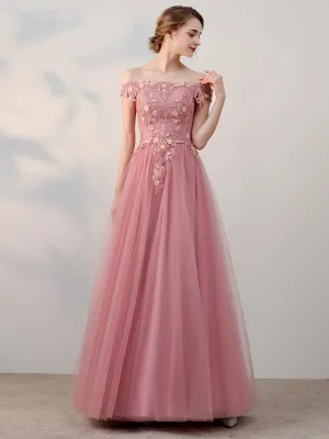 A-line Off-Shoulder Floor-Length Tulle Appliqued Beaded Prom Dresses ASD26776