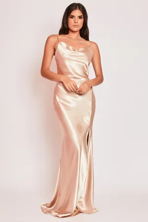 Aurora - Gold Satin Backless Cowl Neck Evening Dress