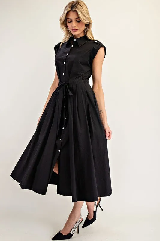 Black Button Down Cap Sleeve Midi Dress