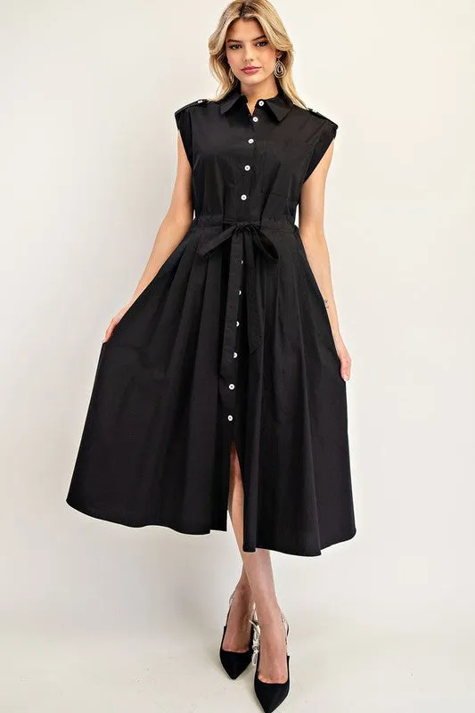 Black Button Down Cap Sleeve Midi Dress
