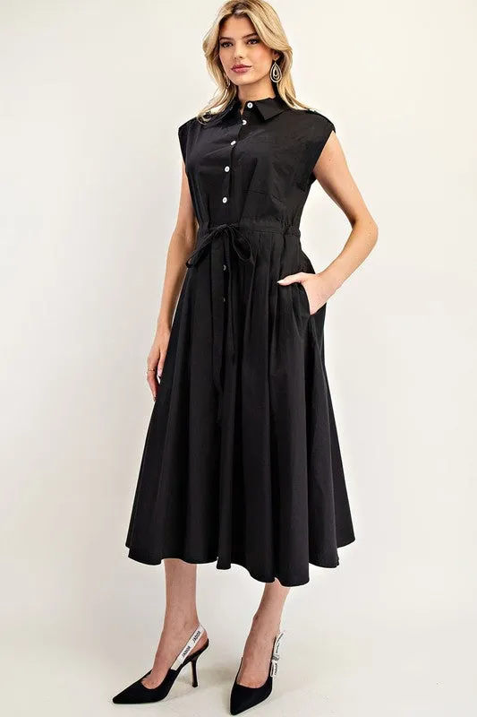 Black Button Down Cap Sleeve Midi Dress