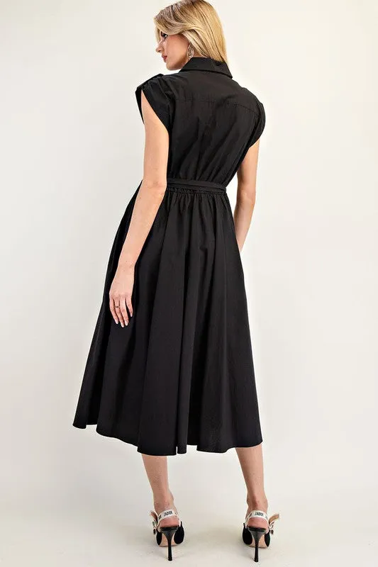 Black Button Down Cap Sleeve Midi Dress
