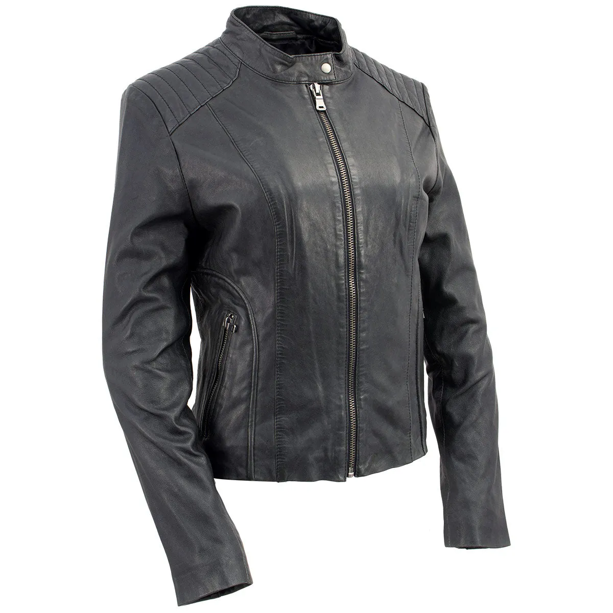 BLACK SFL2814 Women's Leather Motorcycle Style Fashion Jacket