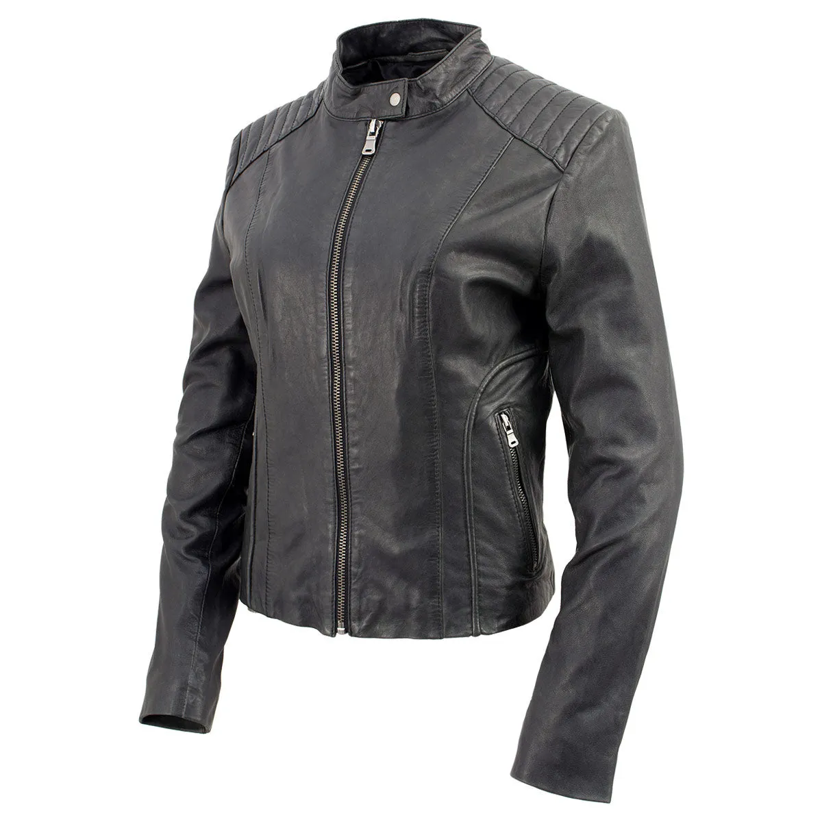 BLACK SFL2814 Women's Leather Motorcycle Style Fashion Jacket