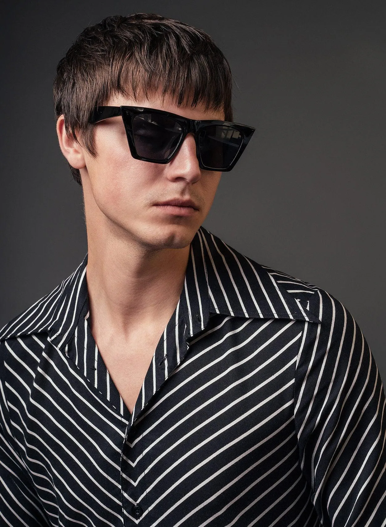 Black Symmetrical Pin Stripe Long Sleeve Viscose Shirt