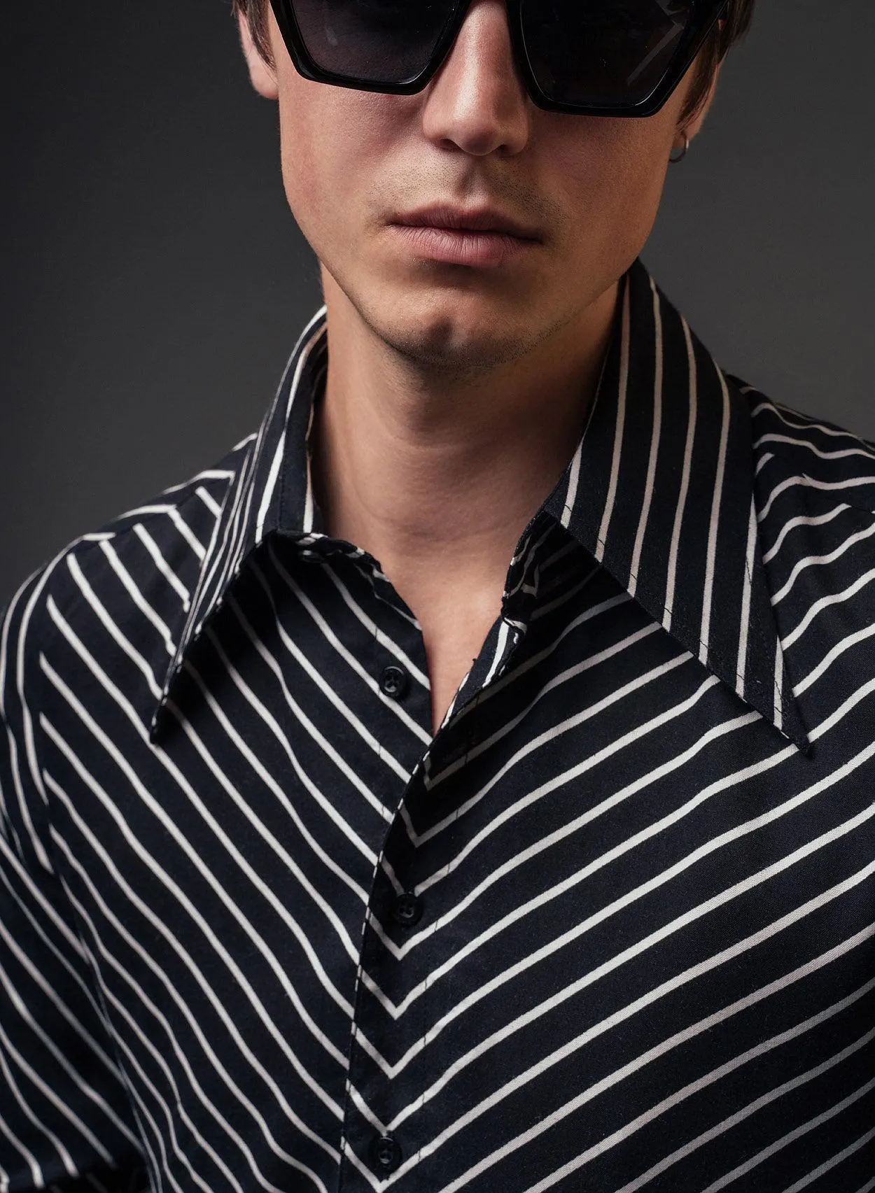 Black Symmetrical Pin Stripe Long Sleeve Viscose Shirt