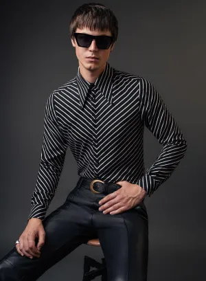 Black Symmetrical Pin Stripe Long Sleeve Viscose Shirt