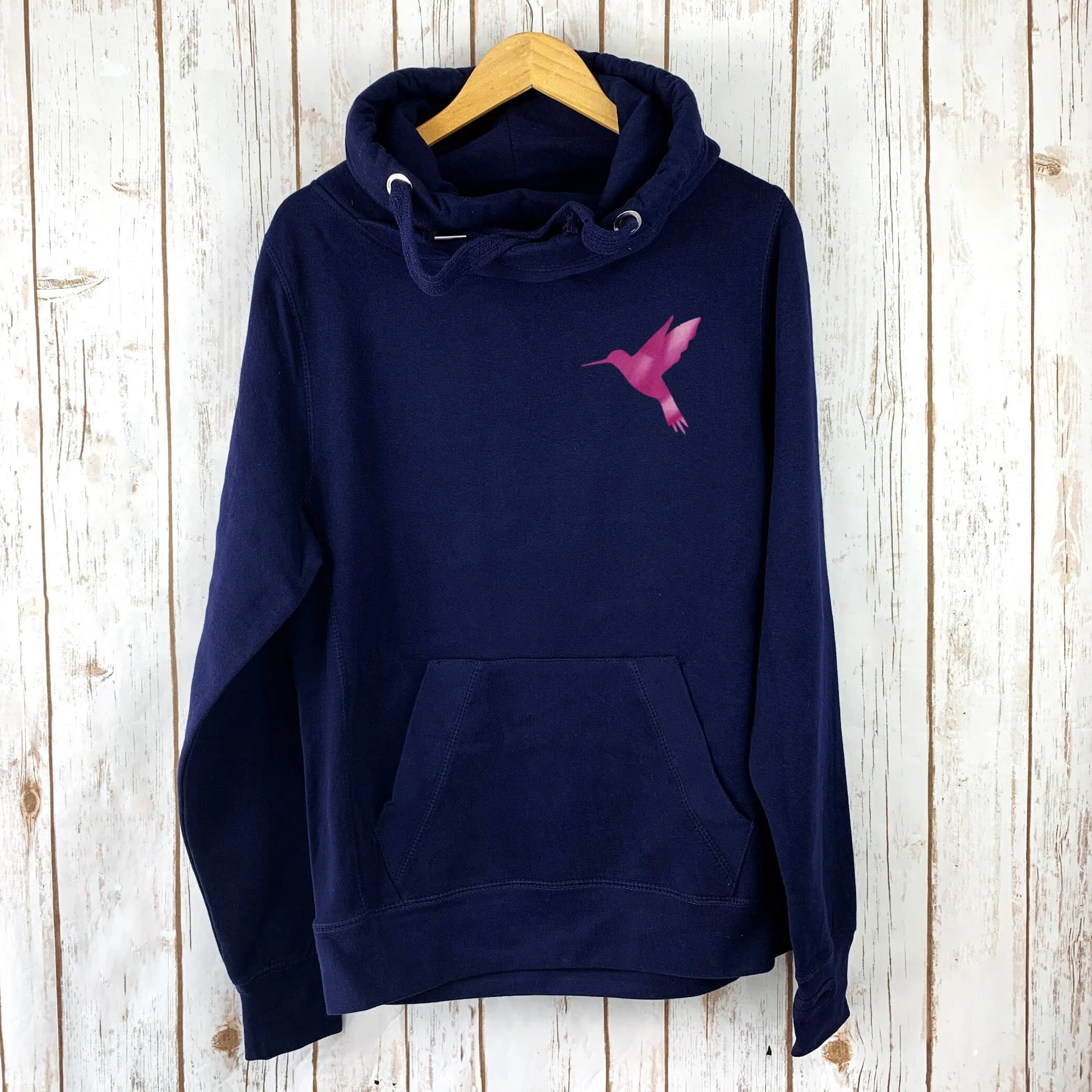 Bright Pink Hummingbird on Navy Cowl Neck Hoodie