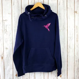 Bright Pink Hummingbird on Navy Cowl Neck Hoodie