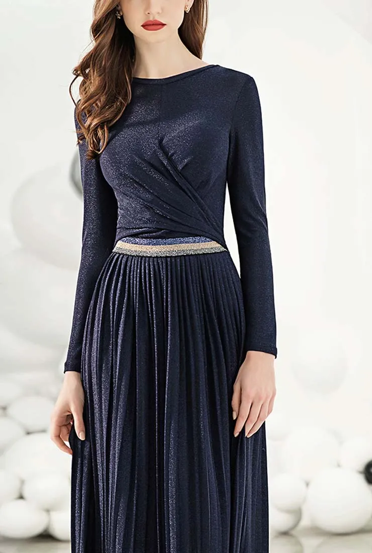 Bright Silk Knit Long-sleeved Pleated Midi Dress