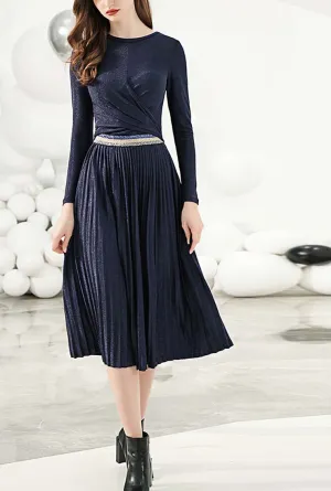 Bright Silk Knit Long-sleeved Pleated Midi Dress
