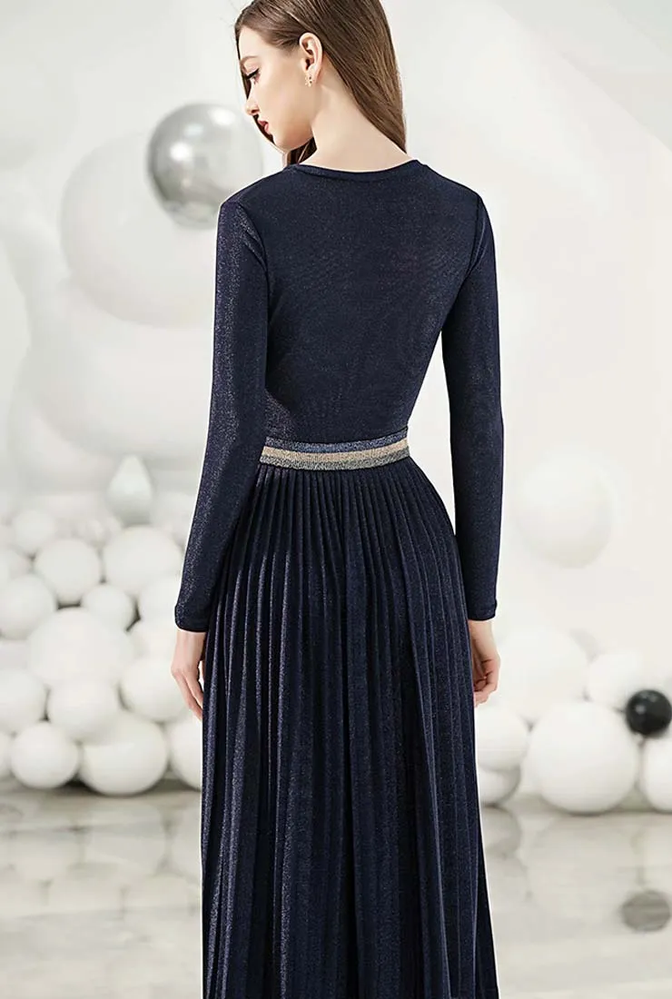 Bright Silk Knit Long-sleeved Pleated Midi Dress