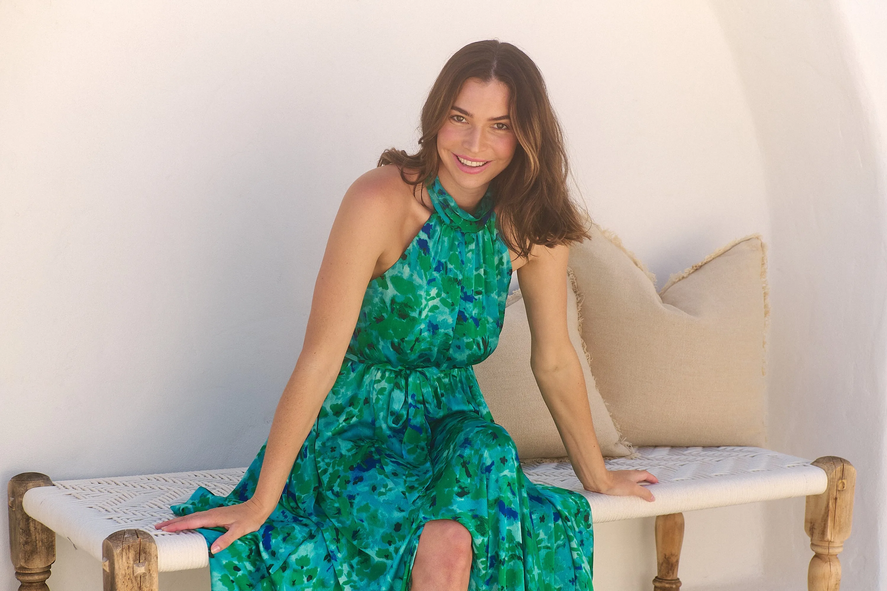 Candice Emerald/Blue Print Sleeveless High neck Evening Dress