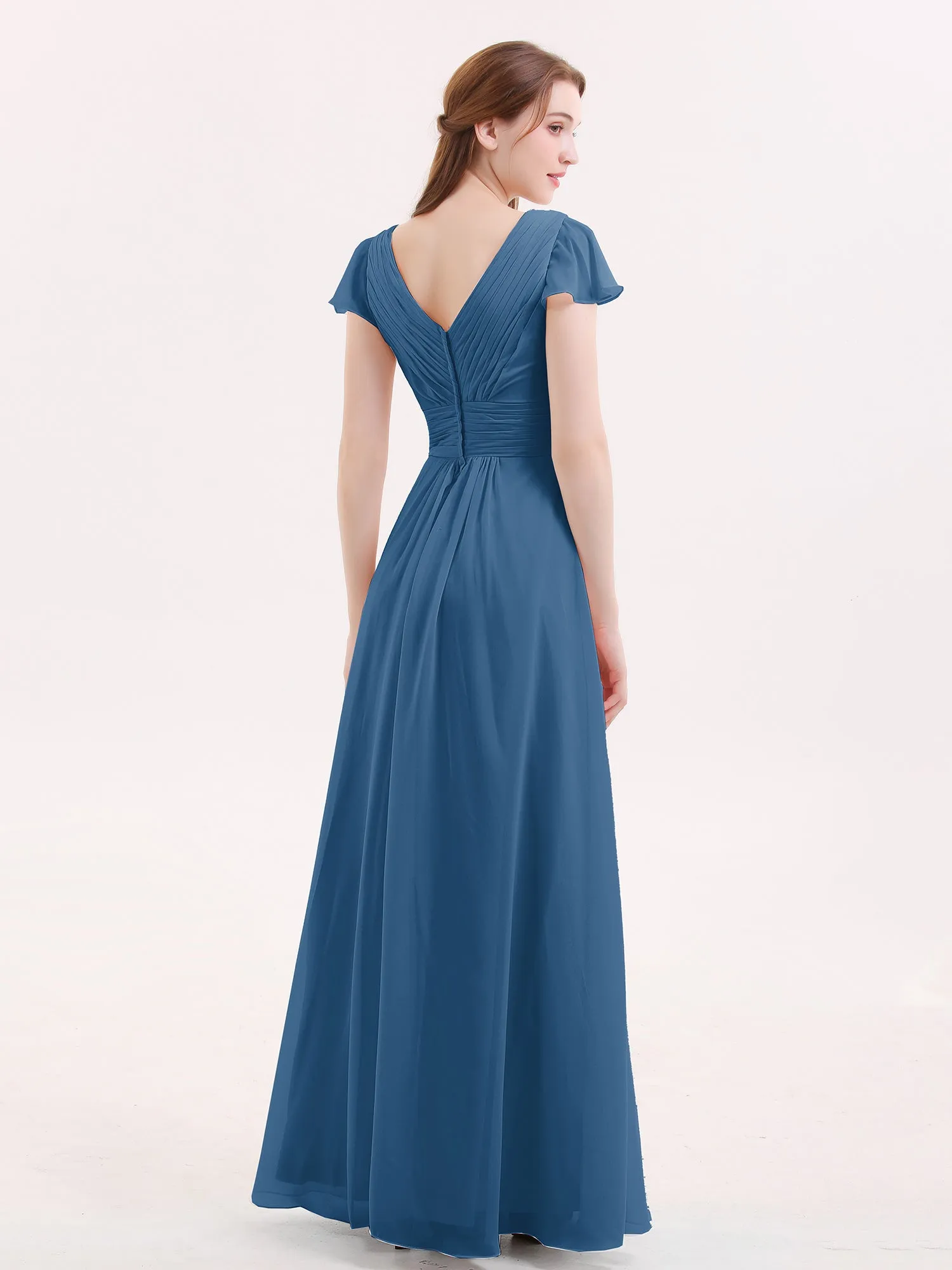 Cap Sleeves Chiffon Long Bridesmaid Dress Ink Blue