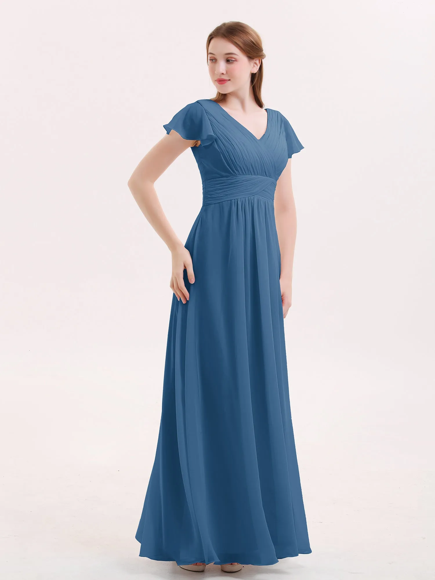 Cap Sleeves Chiffon Long Bridesmaid Dress Ink Blue
