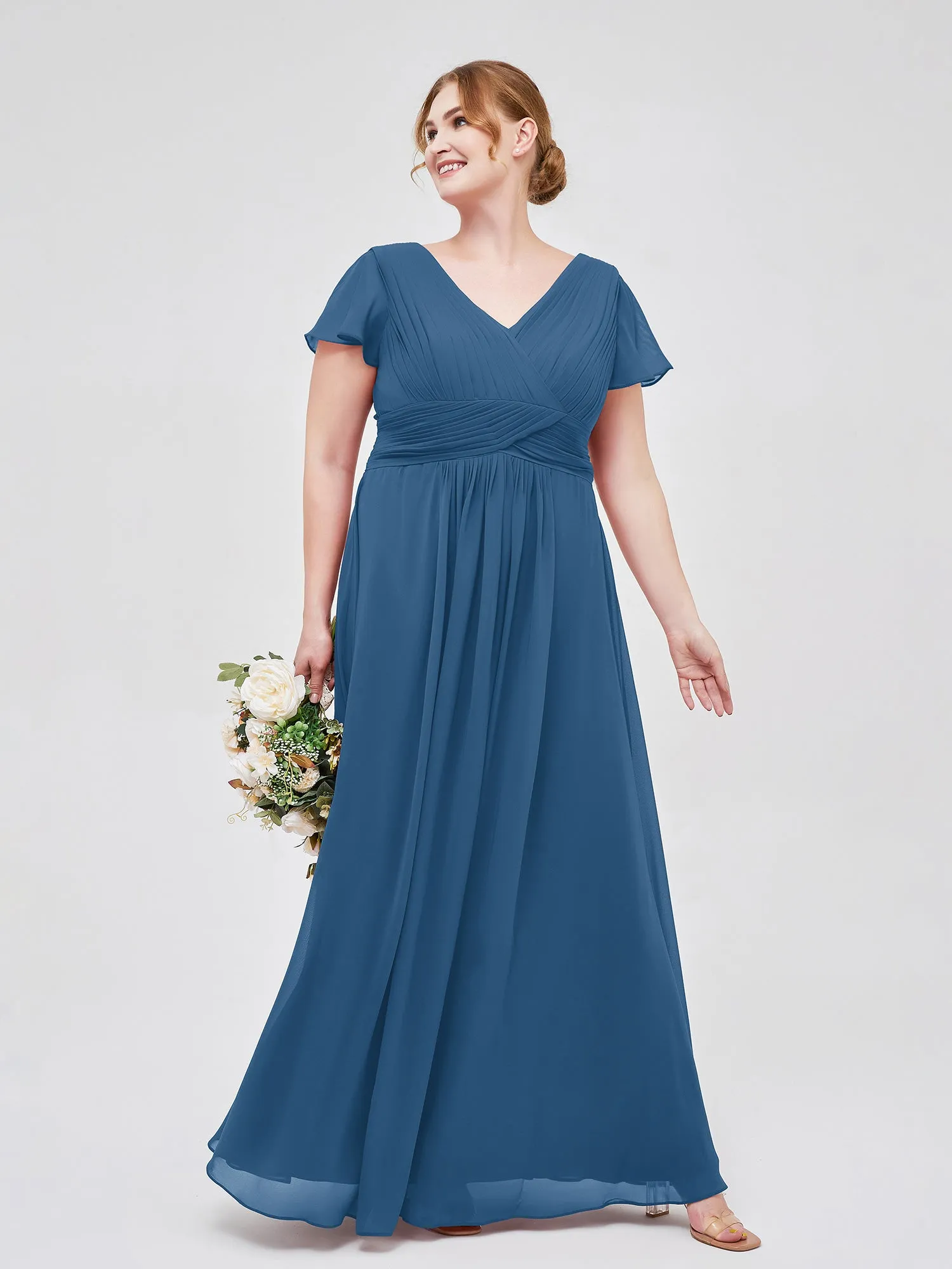 Cap Sleeves Chiffon Long Bridesmaid Dress Ink Blue