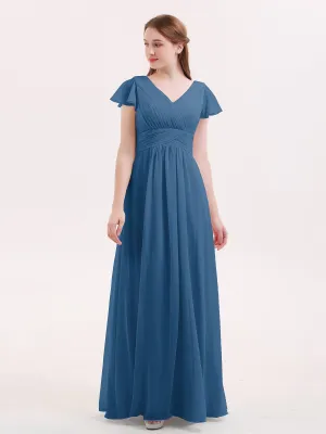 Cap Sleeves Chiffon Long Bridesmaid Dress Ink Blue