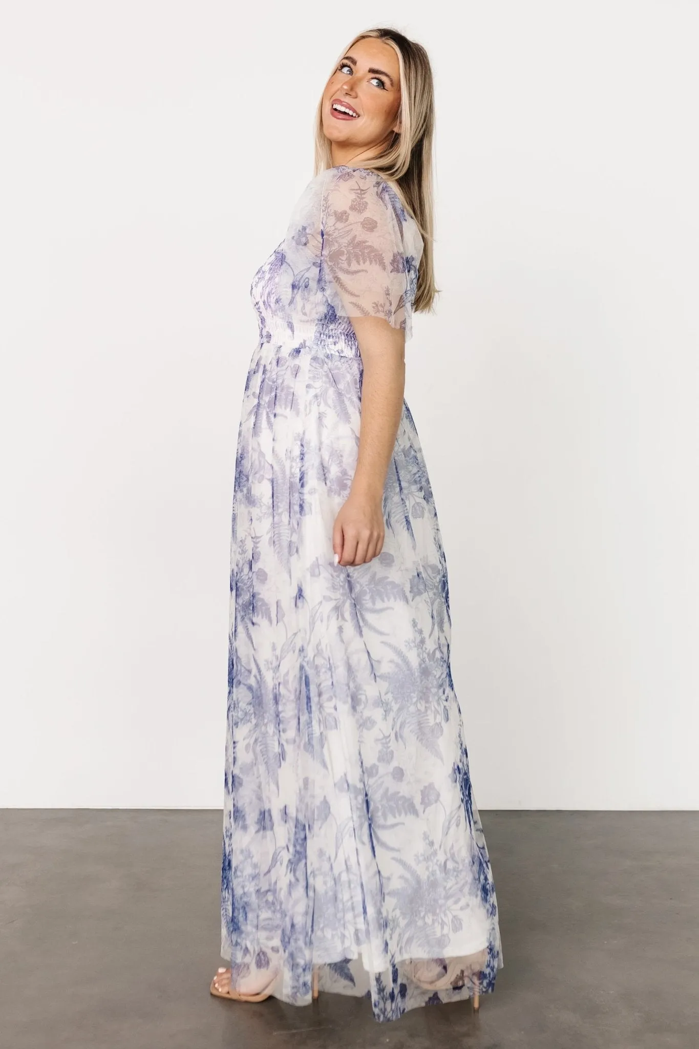 Cassandra Tulle Maxi Dress | Blue   White Floral