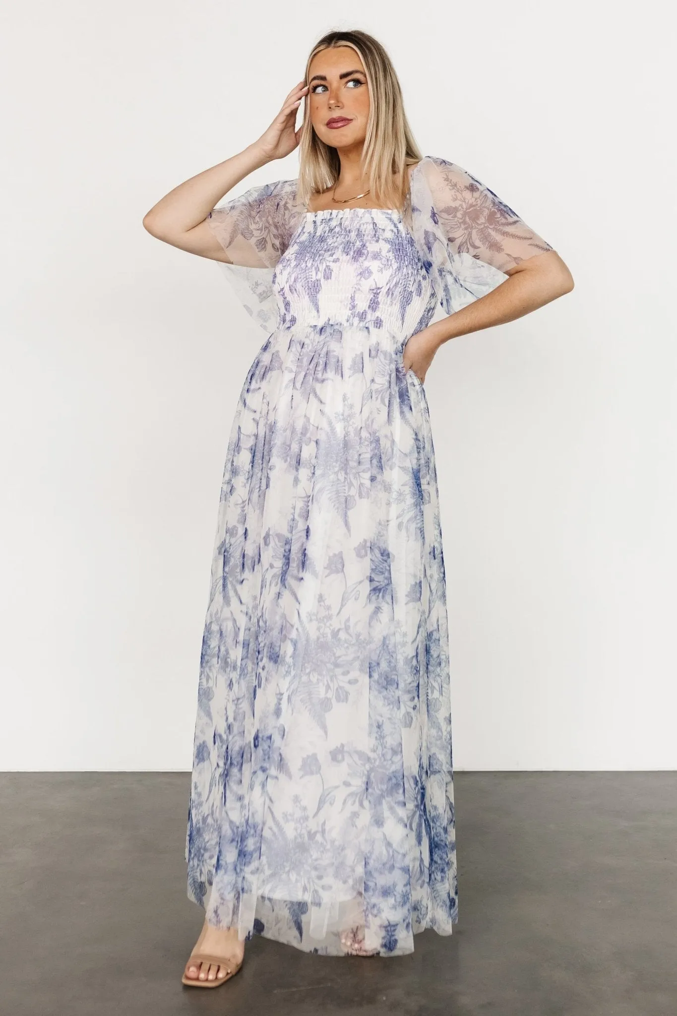 Cassandra Tulle Maxi Dress | Blue   White Floral