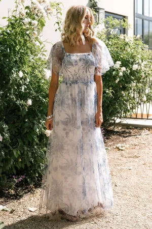 Cassandra Tulle Maxi Dress | Blue   White Floral