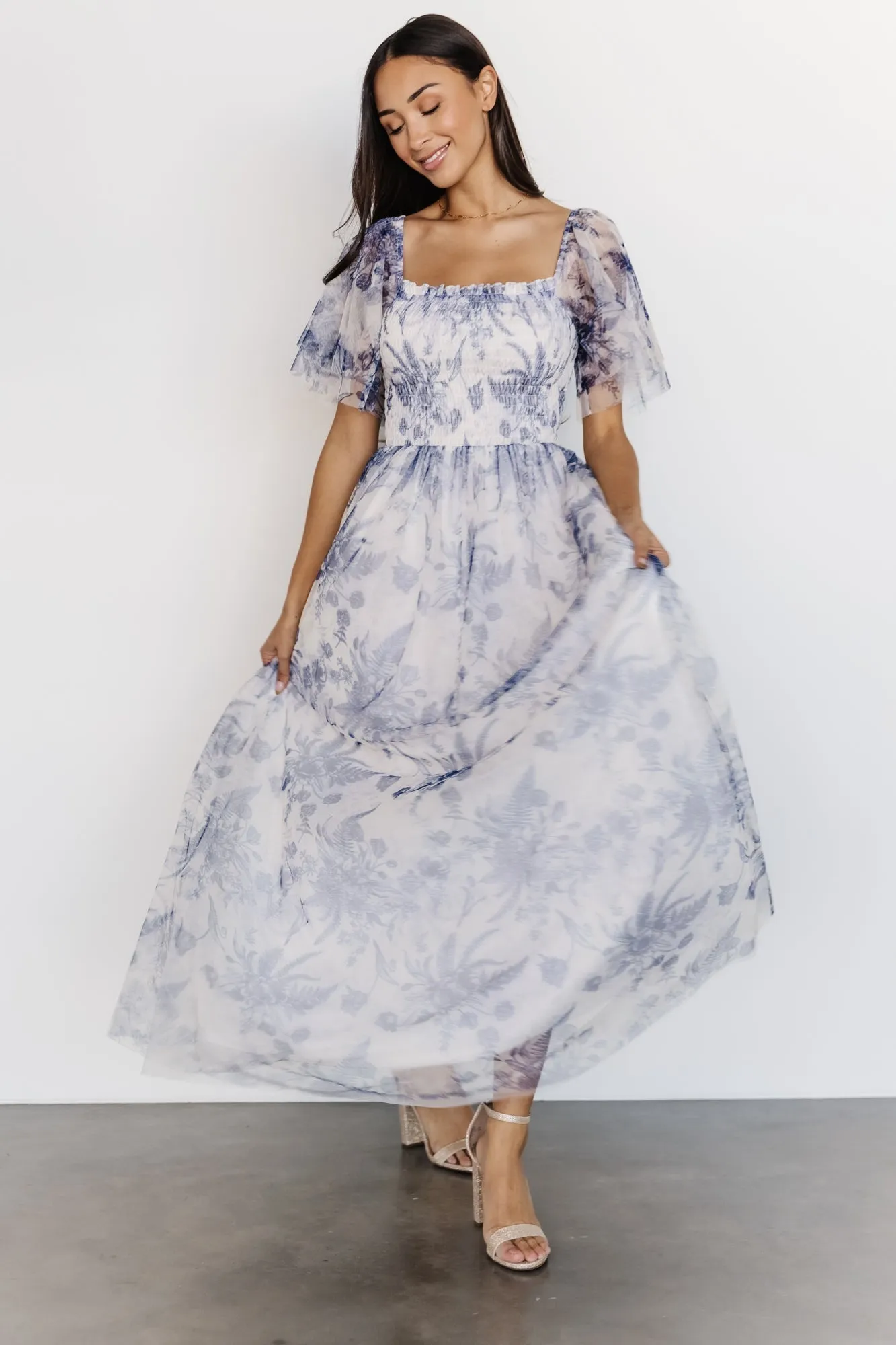 Cassandra Tulle Maxi Dress | Blue   White Floral