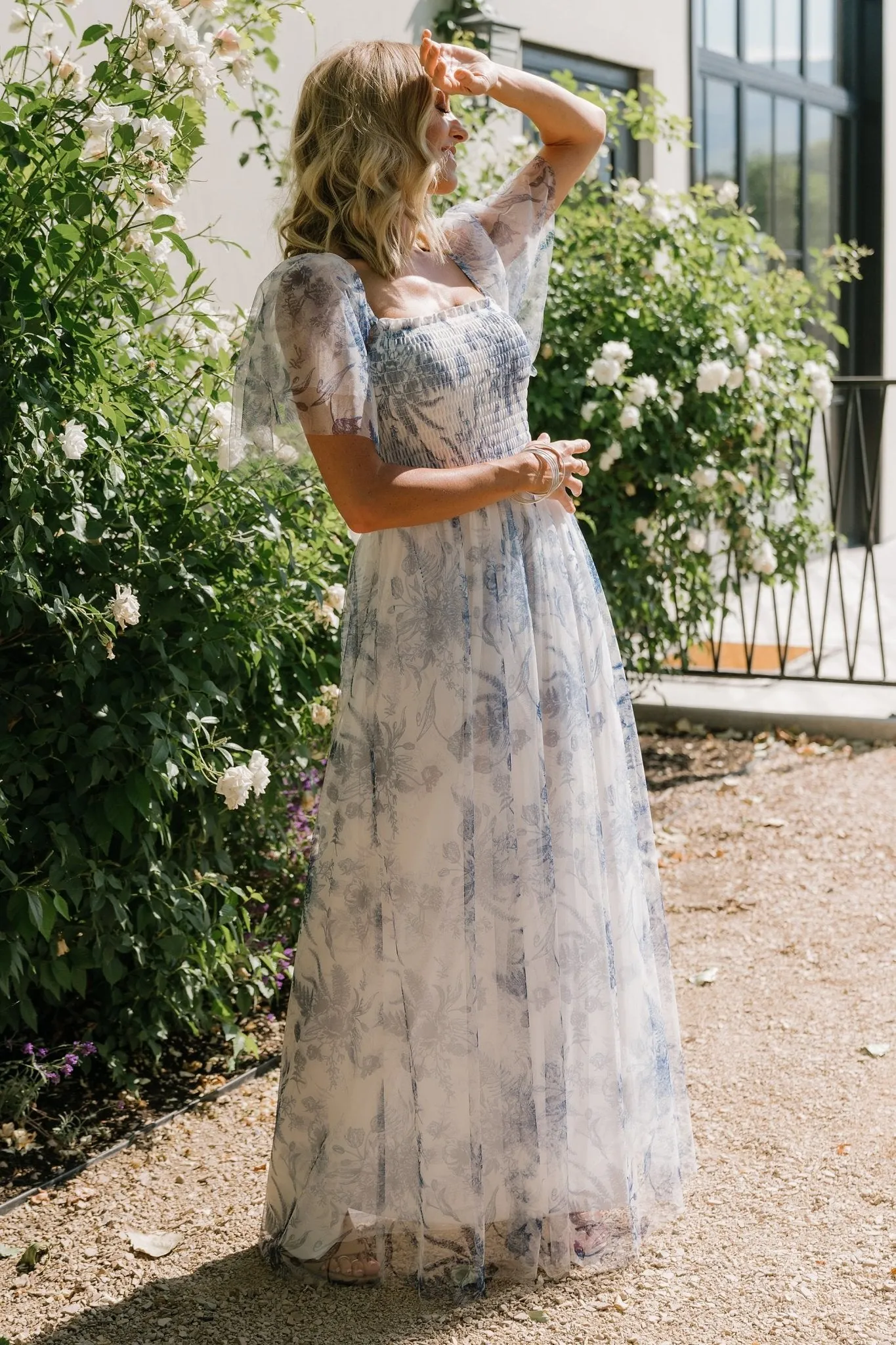 Cassandra Tulle Maxi Dress | Blue   White Floral