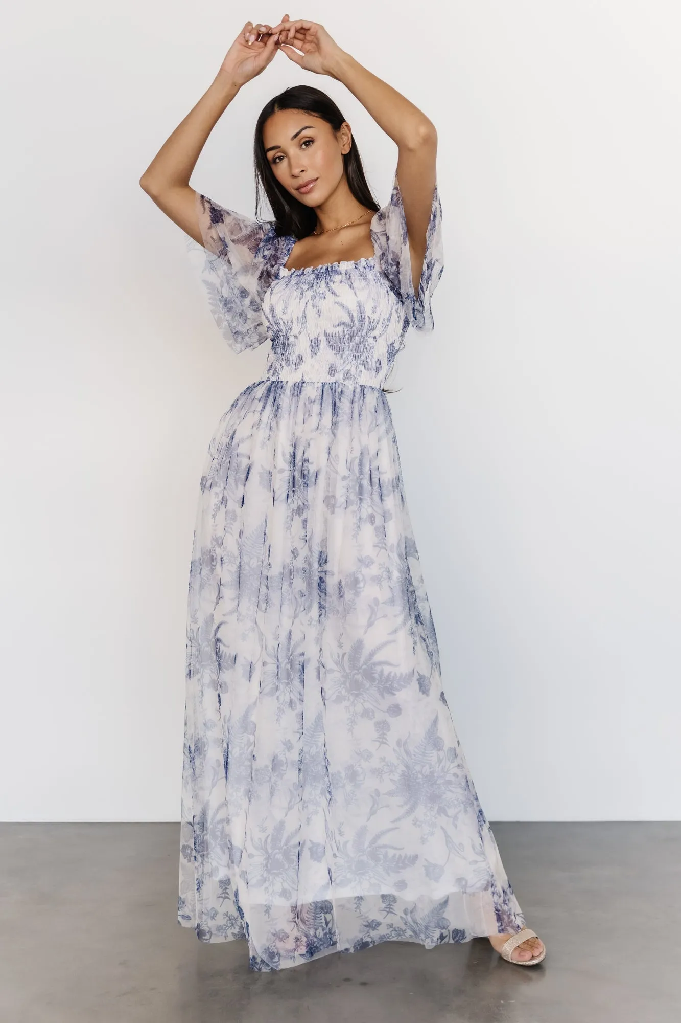 Cassandra Tulle Maxi Dress | Blue   White Floral