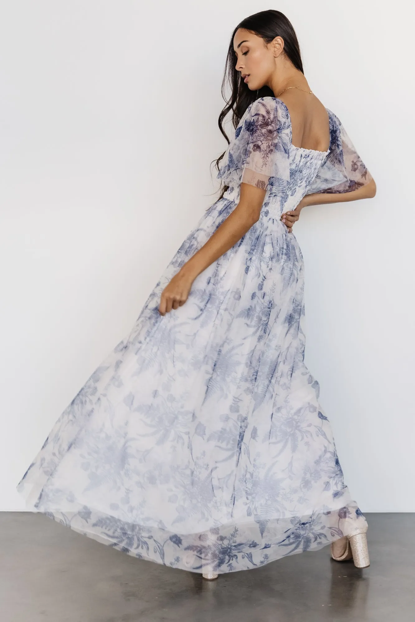 Cassandra Tulle Maxi Dress | Blue   White Floral
