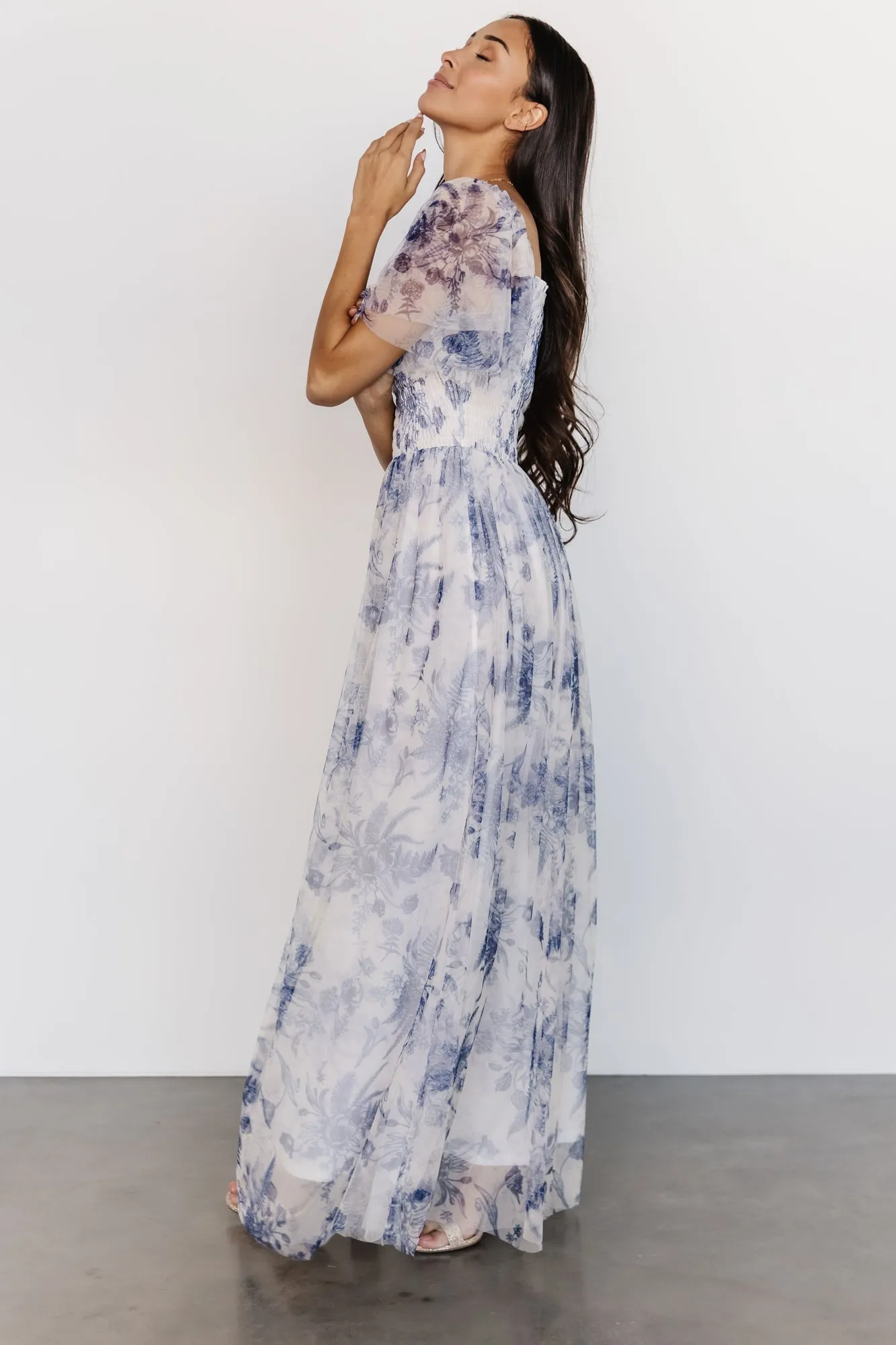 Cassandra Tulle Maxi Dress | Blue   White Floral