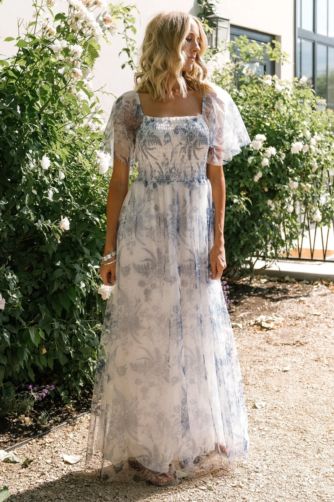 Cassandra Tulle Maxi Dress | Blue   White Floral