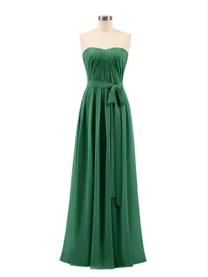 Chiffon Strapless Bridesmaid Gown with Sash-Dark Green