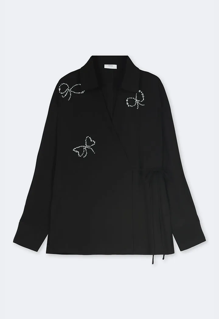 Choice Crystal Embellished Wrap Kimono Black