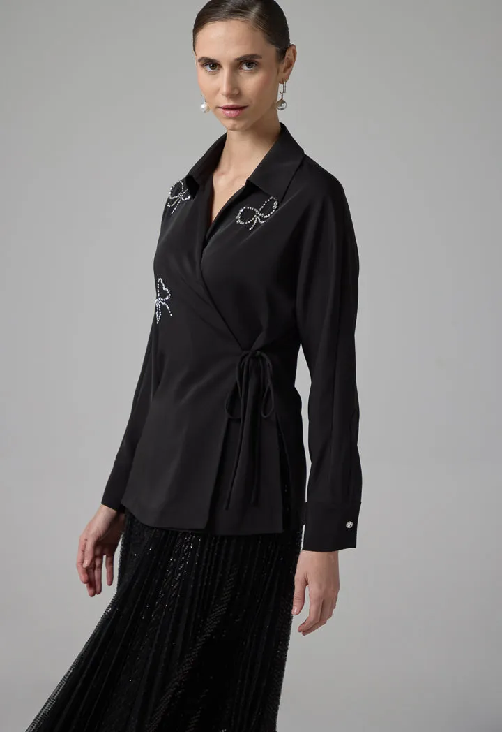 Choice Crystal Embellished Wrap Kimono Black