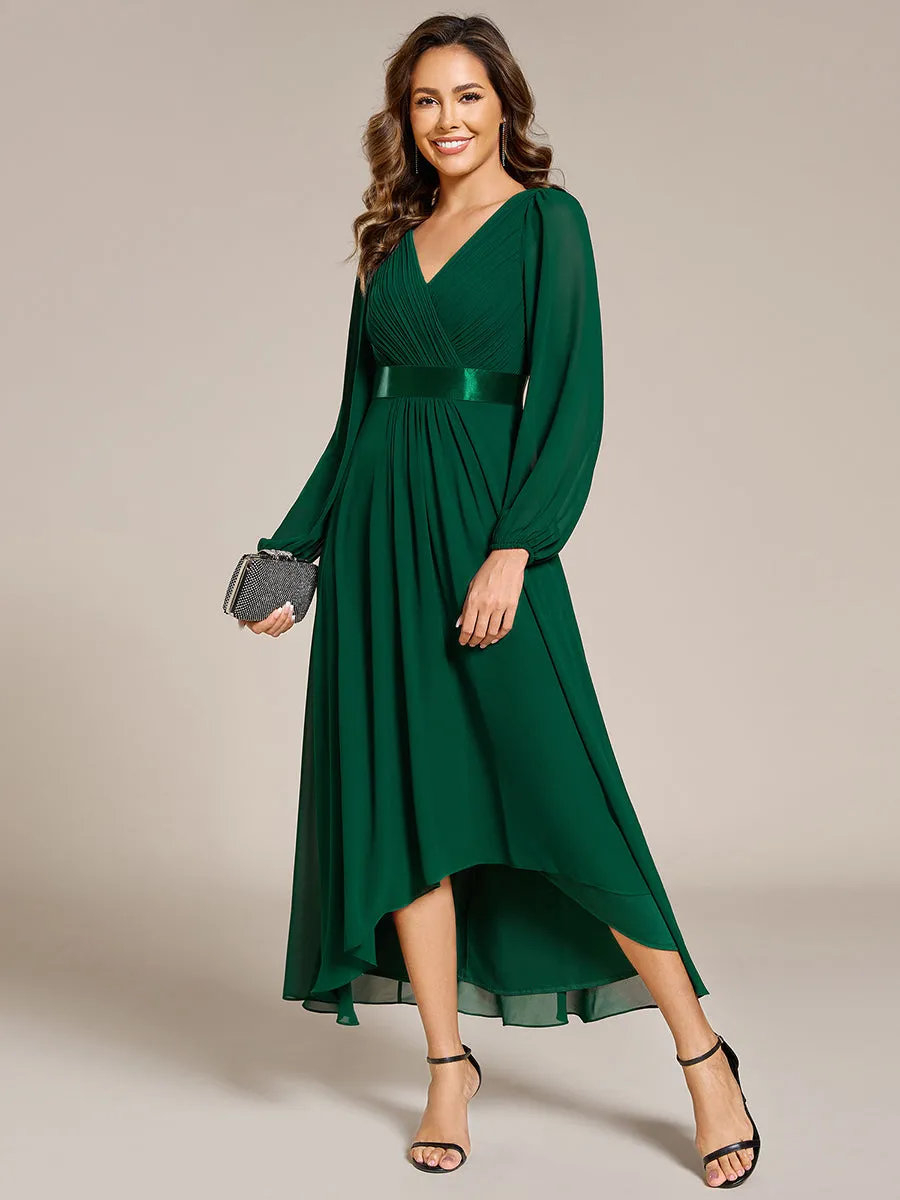 Classical Lantern Sleeve Pleated Decoration Chiffon Evening Dress with Asymmetrical Hem