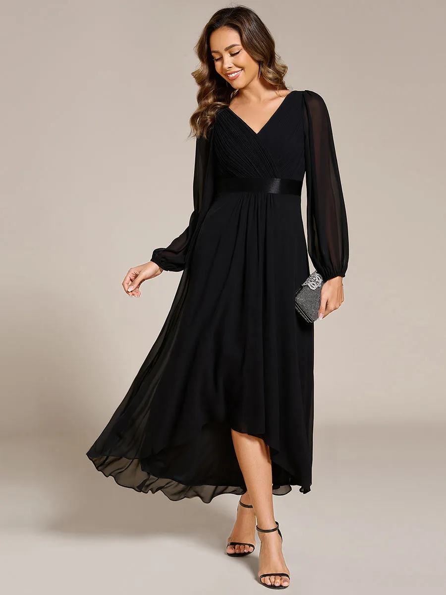 Classical Lantern Sleeve Pleated Decoration Chiffon Evening Dress with Asymmetrical Hem