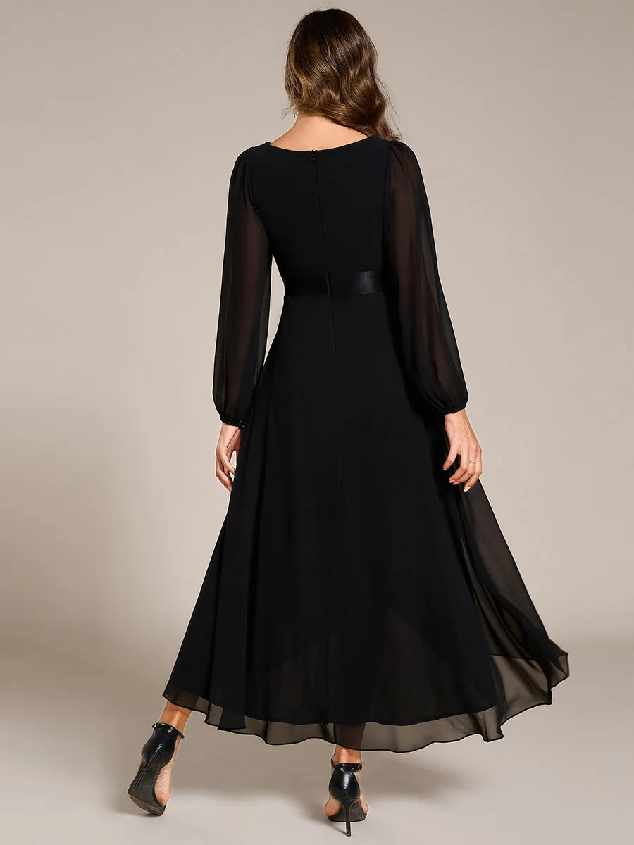 Classical Lantern Sleeve Pleated Decoration Chiffon Evening Dress with Asymmetrical Hem