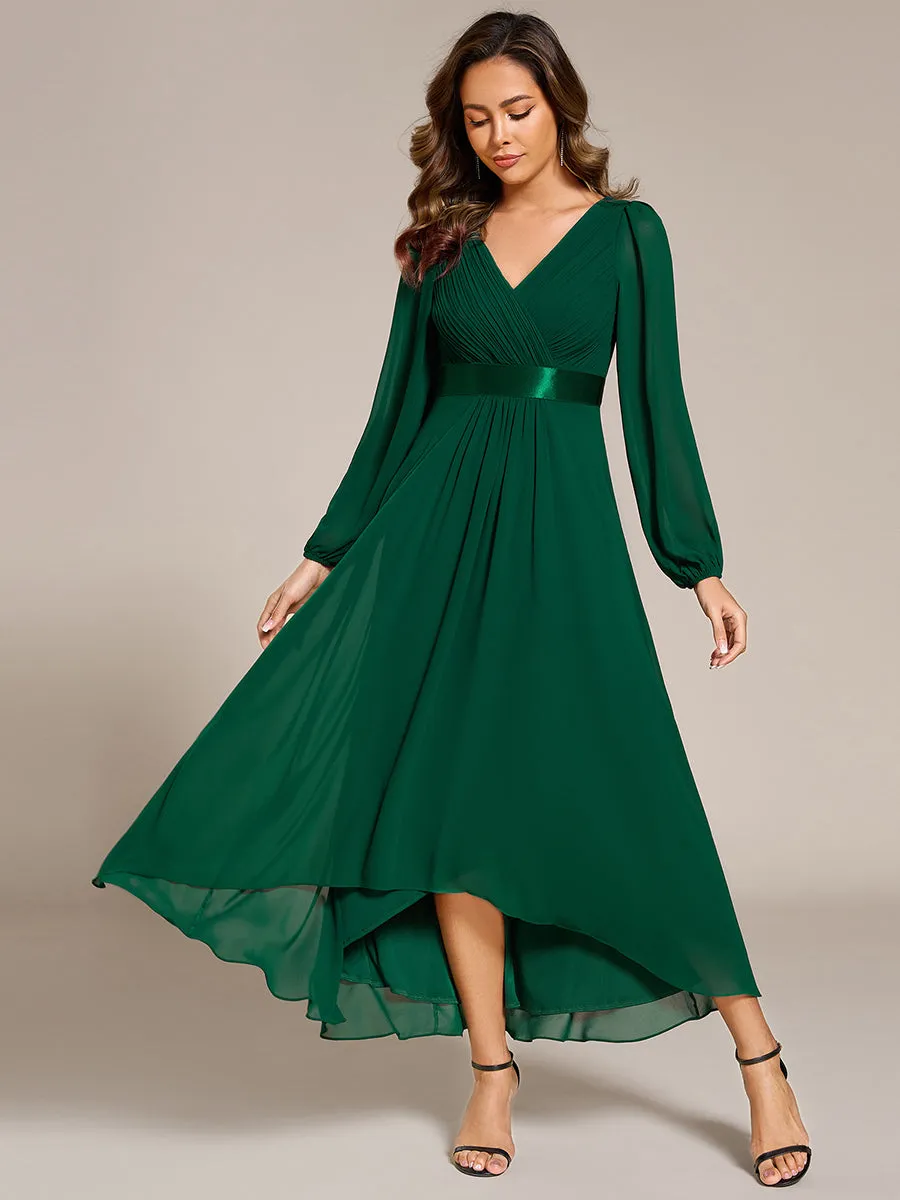 Classical Lantern Sleeve Pleated Decoration Chiffon Evening Dress with Asymmetrical Hem