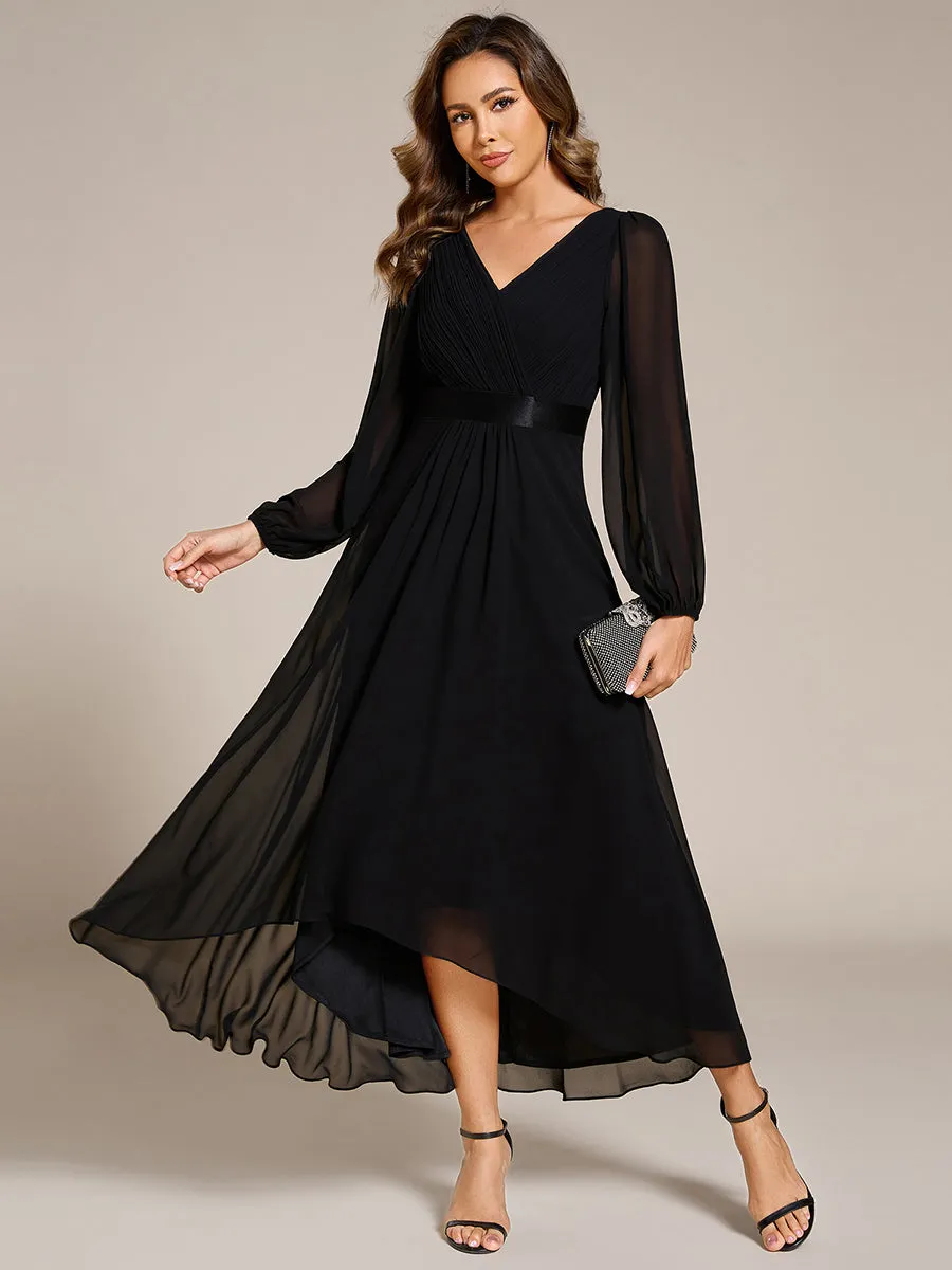 Classical Lantern Sleeve Pleated Decoration Chiffon Evening Dress with Asymmetrical Hem