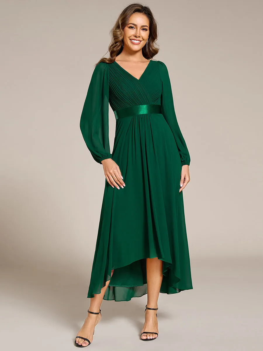 Classical Lantern Sleeve Pleated Decoration Chiffon Evening Dress with Asymmetrical Hem