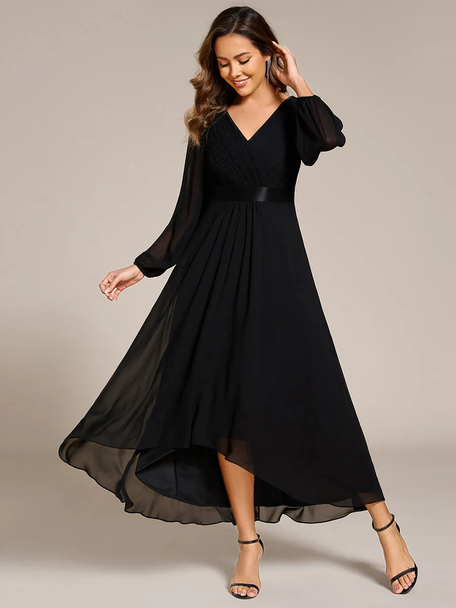 Classical Lantern Sleeve Pleated Decoration Chiffon Evening Dress with Asymmetrical Hem