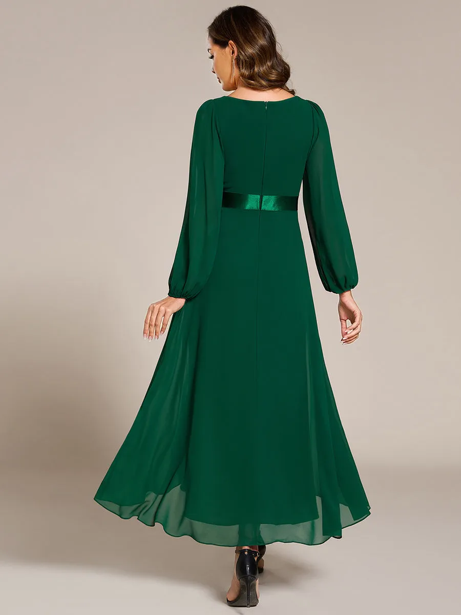 Classical Lantern Sleeve Pleated Decoration Chiffon Evening Dress with Asymmetrical Hem