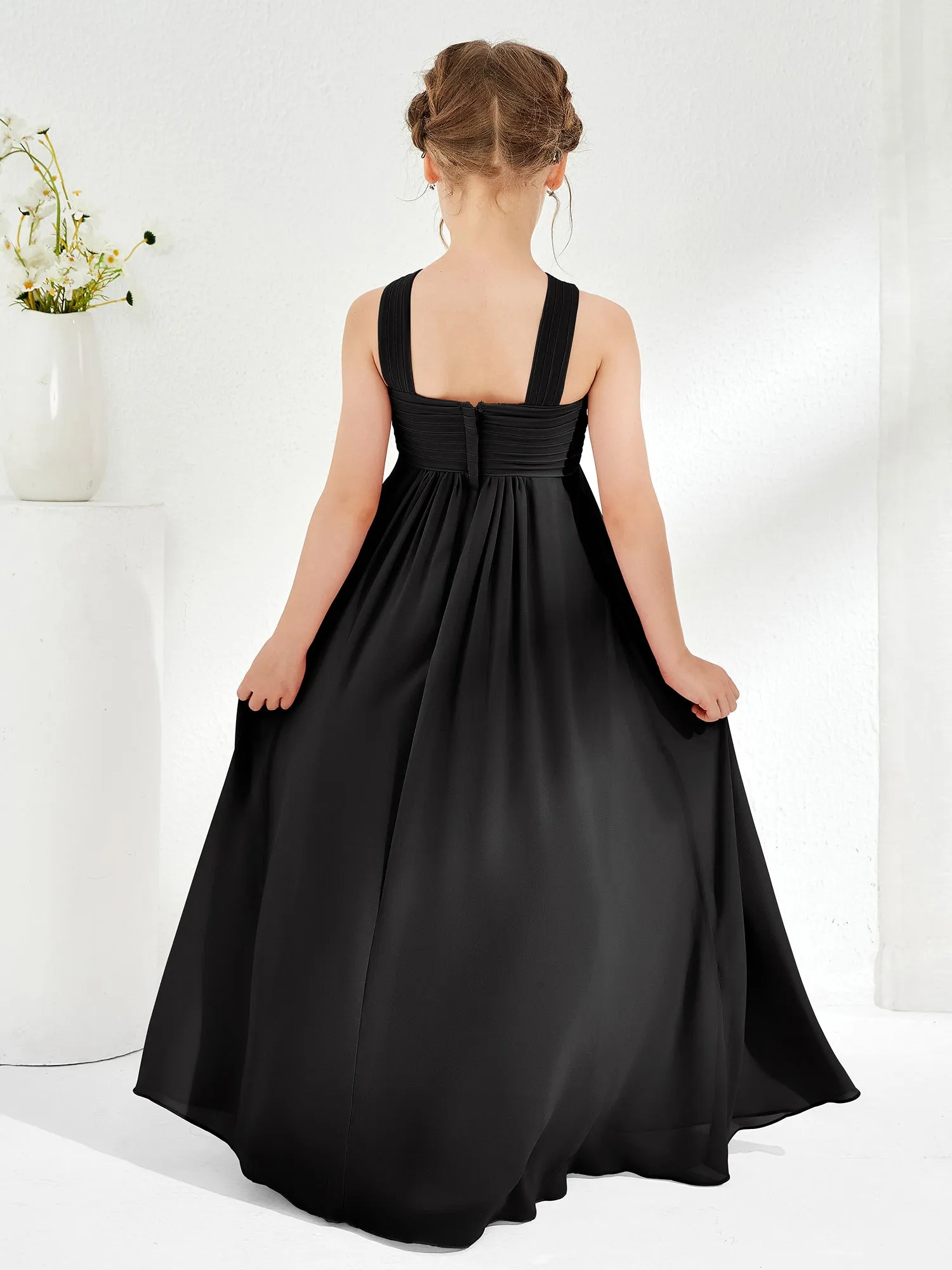 Cross Shoulder Strap Junior Bridesmaid Dresses with Empire Waist Black