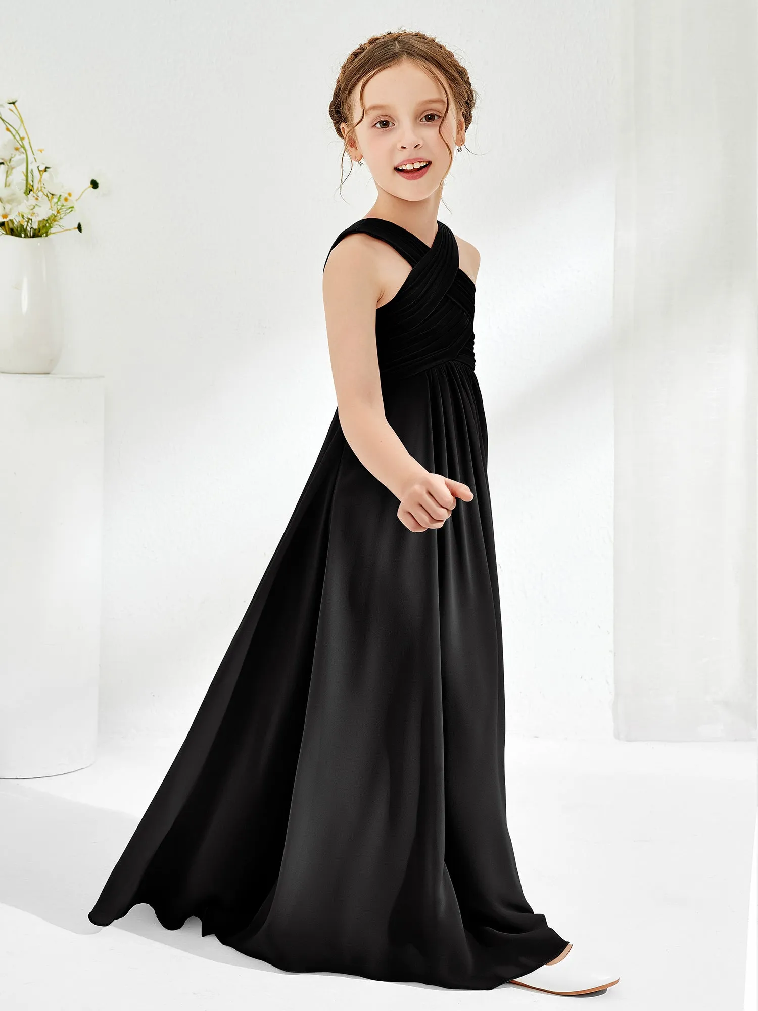 Cross Shoulder Strap Junior Bridesmaid Dresses with Empire Waist Black