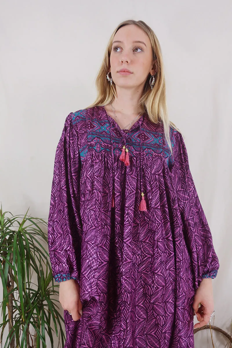 Daphne Dress - Amethyst Shimmering Ferns - Vintage Sari - Size S/M
