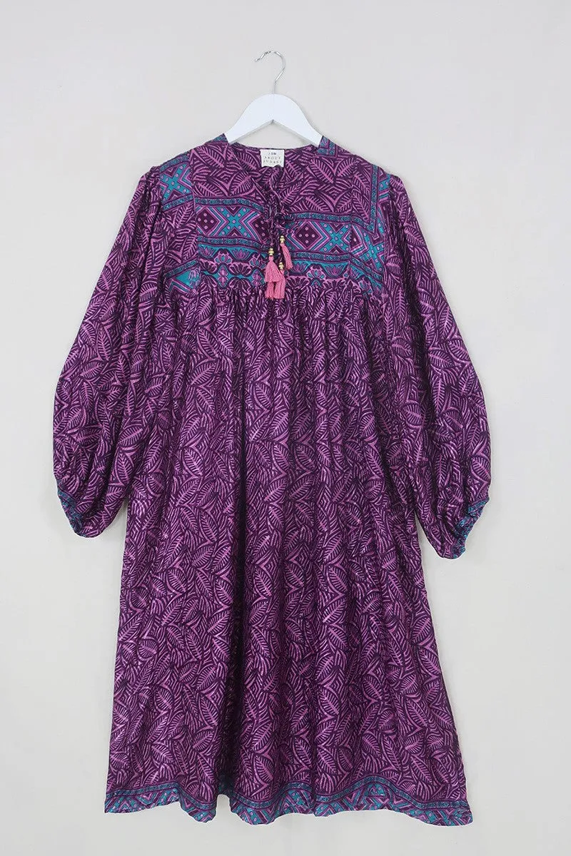 Daphne Dress - Amethyst Shimmering Ferns - Vintage Sari - Size S/M