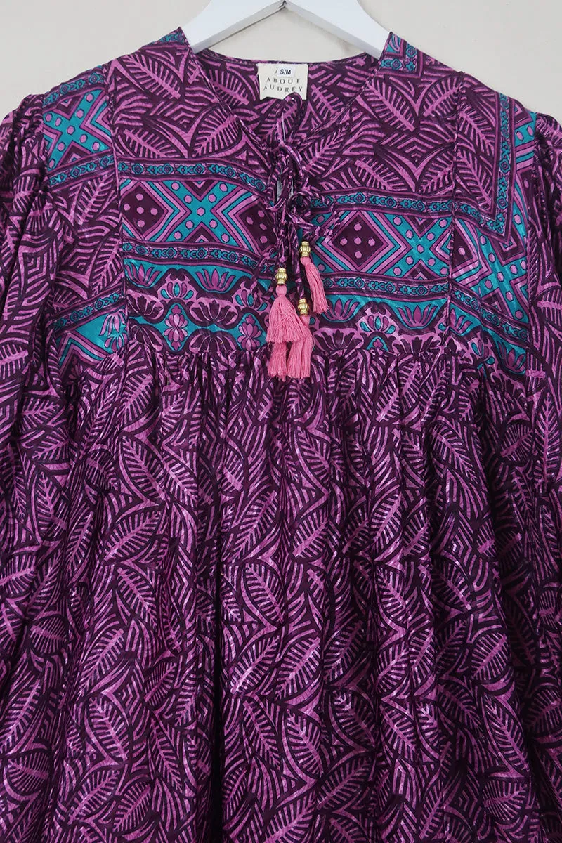 Daphne Dress - Amethyst Shimmering Ferns - Vintage Sari - Size S/M