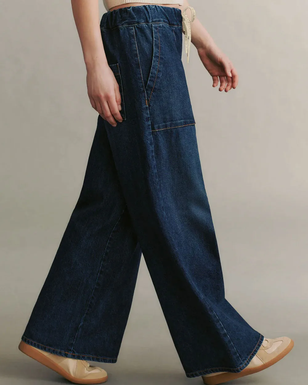 Dark Wash Denim Drawstring Pant with Pockets