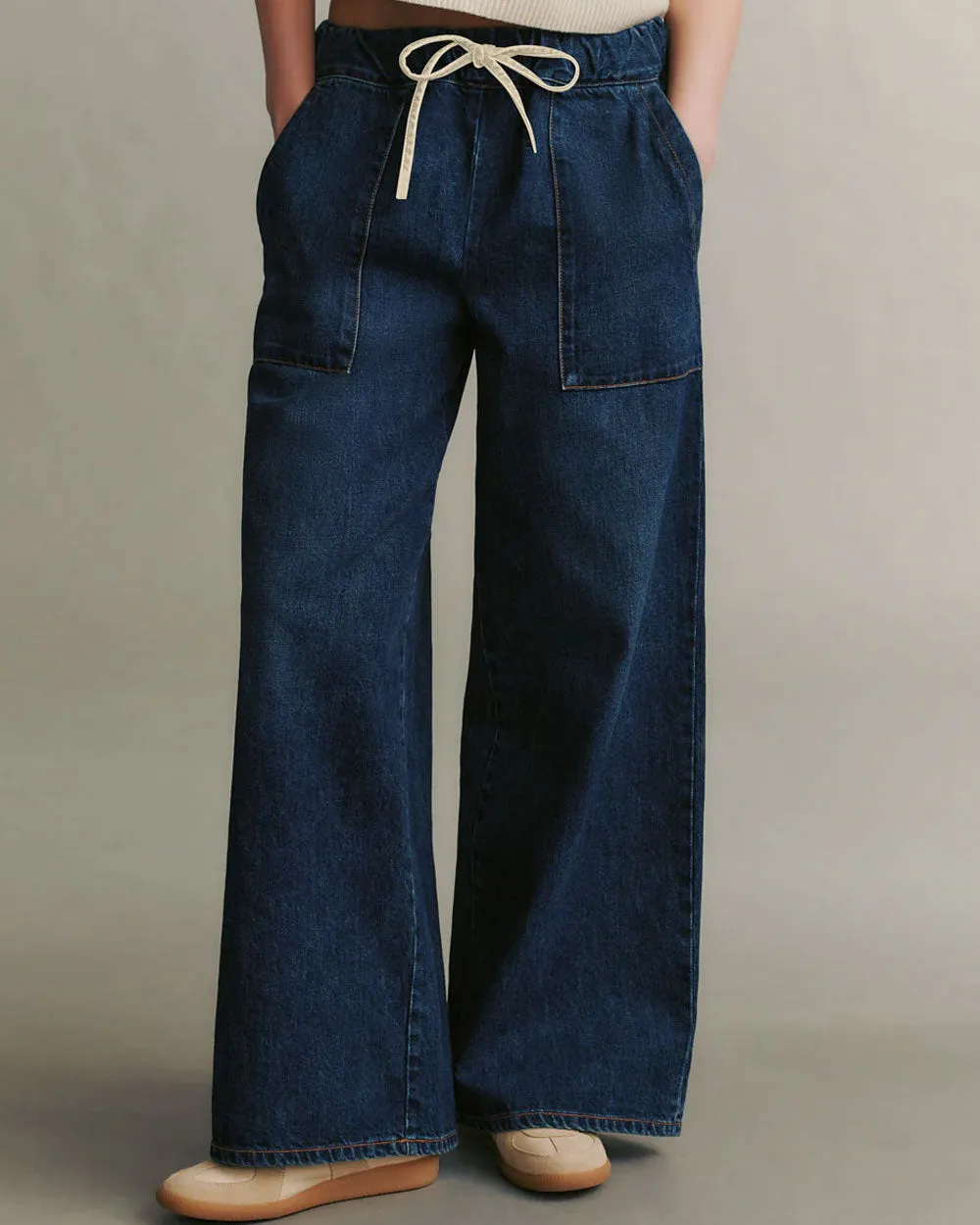 Dark Wash Denim Drawstring Pant with Pockets