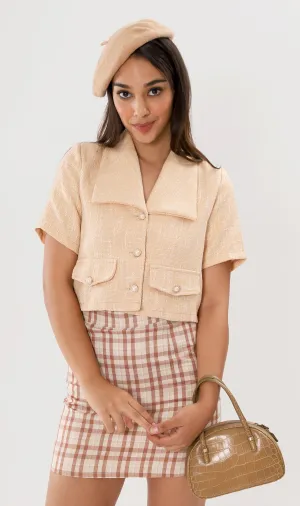 DIONNE Wide-Collar Tweed Blazer Top (Peach)